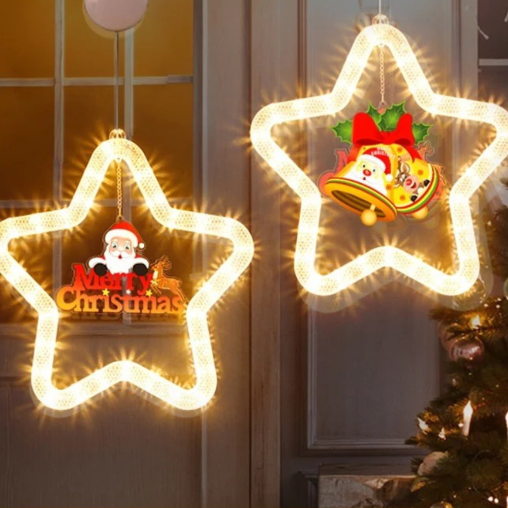 Lámpara LED colgante navideña en forma de estrella de plástico resistente con luz cálida para ventanas y decoración interior o exterior protegida