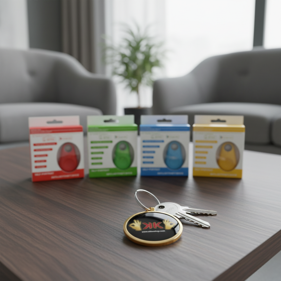 Localizador inteligente Bluetooth antipérdida en plástico ABS, compacto y ligero, color negro, visto en primer plano.