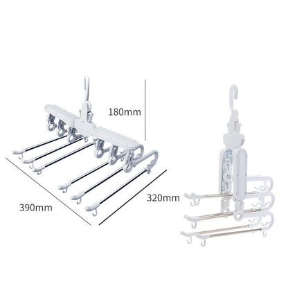 Perchero plegable de metal con diseño retráctil y antideslizante, apto para organizar múltiples prendas y ahorrar espacio en armarios domésticos o comerciales.