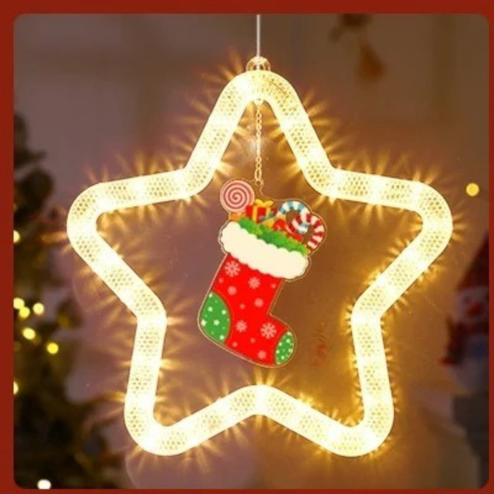 Lámpara LED colgante navideña en forma de estrella de plástico resistente con luz cálida para ventanas y decoración interior o exterior protegida