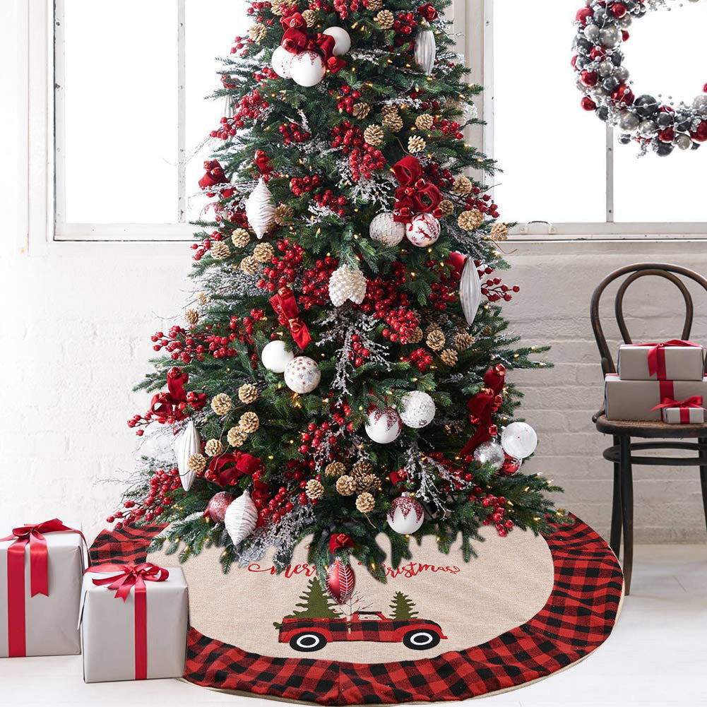 Falda para árbol de Navidad de lino imitado de 120 cm con diseño rústico de coche navideño para cubrir la base del árbol