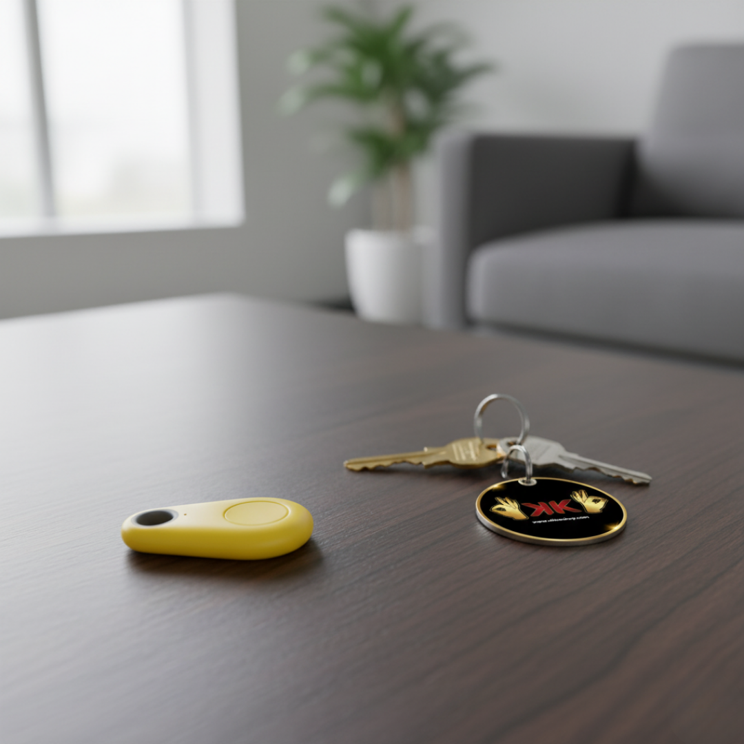 Localizador inteligente Bluetooth antipérdida en plástico ABS, compacto y ligero, color negro, visto en primer plano.