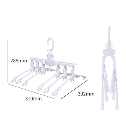 Perchero plegable de metal con diseño retráctil y antideslizante, apto para organizar múltiples prendas y ahorrar espacio en armarios domésticos o comerciales.