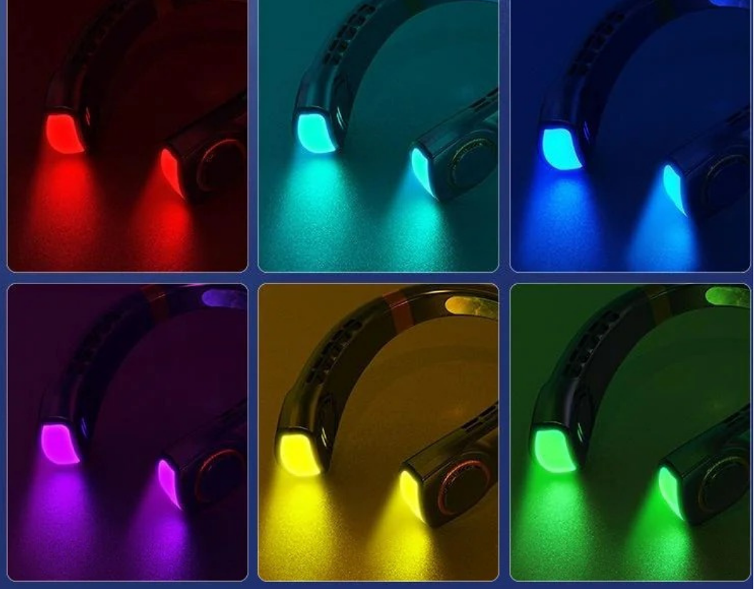 Ventilador portátil de cuello con cinco velocidades, carga USB o Tipo-C y luces LED multicolor para uso interior y exterior