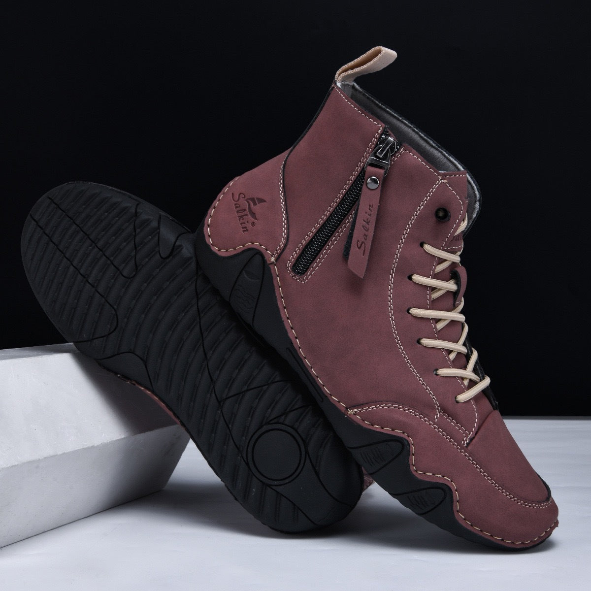 Botines altos de hombre en piel sintética — Estilo Martin artesanal con cremallera lateral