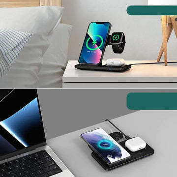 cargador inalámbrico 3 en 1 de carga rápida con doble bobina y puerto Type-C para móvil reloj y auriculares