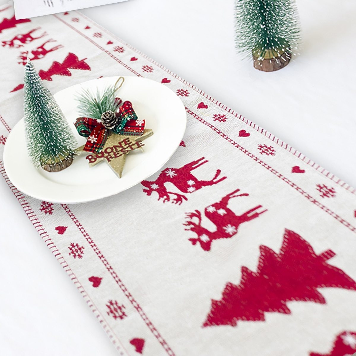 Camino de mesa navideño de lino y algodón de 35×180 cm con estampado de reno y muñeco de nieve para decoración de comedor