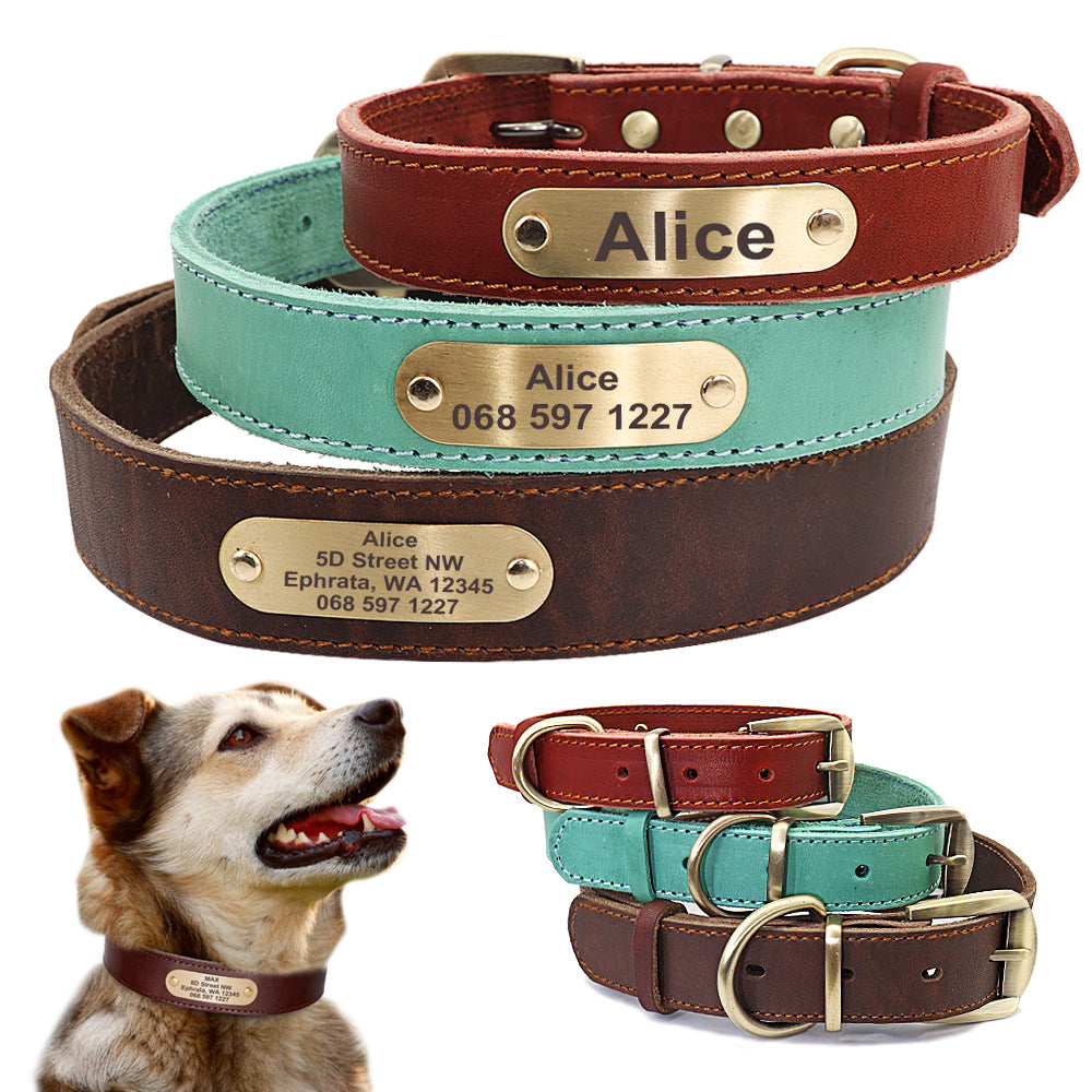 Collar de Cuero  con Placa de Identificación para mascota Dorada Personalizable