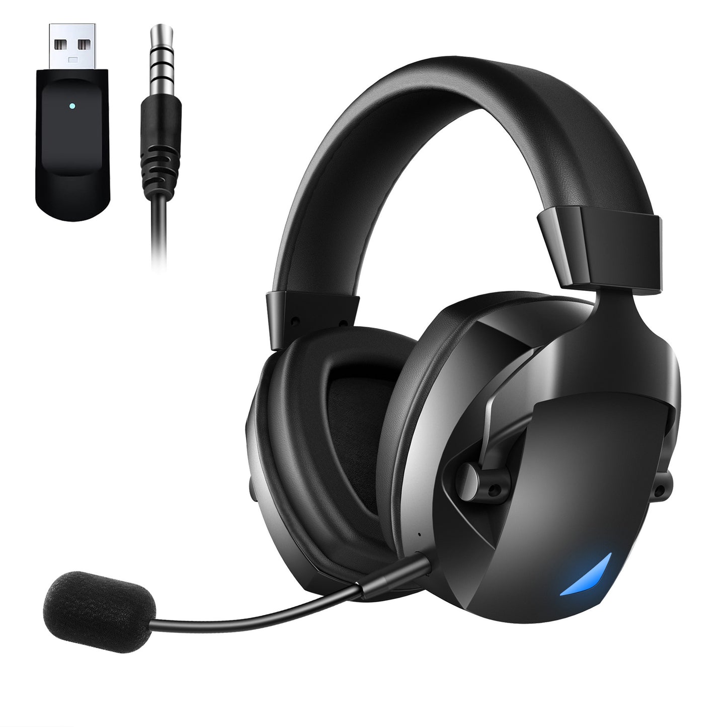 Auriculares gaming inalámbricos 2.4G y Bluetooth con micrófono desmontable, sonido Hi-Fi y luces LED para PC y consolas.