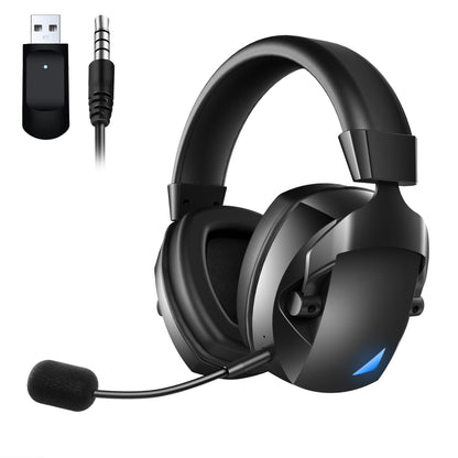 Auriculares gaming inalámbricos 2.4G y Bluetooth con micrófono desmontable, sonido Hi-Fi y luces LED para PC y consolas.