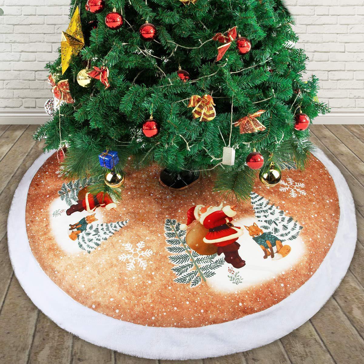 Falda decorativa de tela para árbol de Navidad de 98 cm con diseño festivo de Papá Noel, renos y campanas