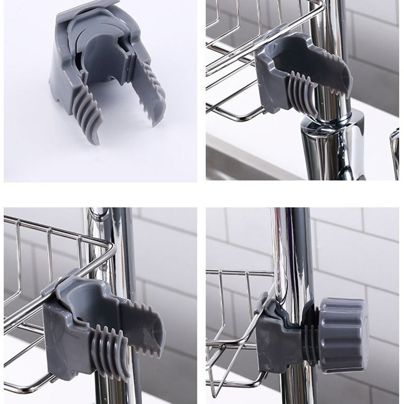 Organizador ajustable de fregadero en acero inoxidable y ABS para utensilios, esponjas y jabones.