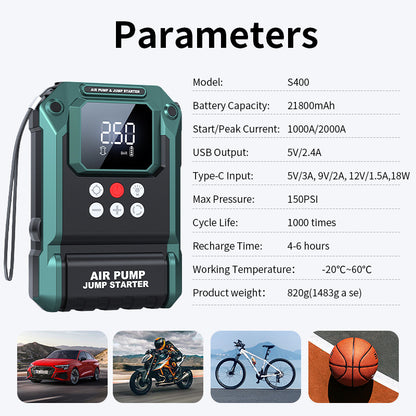 Inflador y arrancador de emergencia portátil S400 – Batería 21800 mAh con compresor y linterna LED
