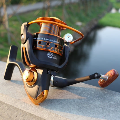 Carrete de pesca YUMOSHI 12BB ultraligero con mango de madera y cuerpo metálico