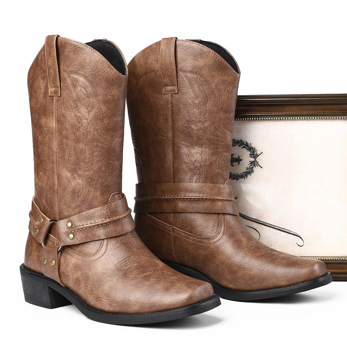Botas de cuero para hombre – Tacón alto retro con punta cuadrada