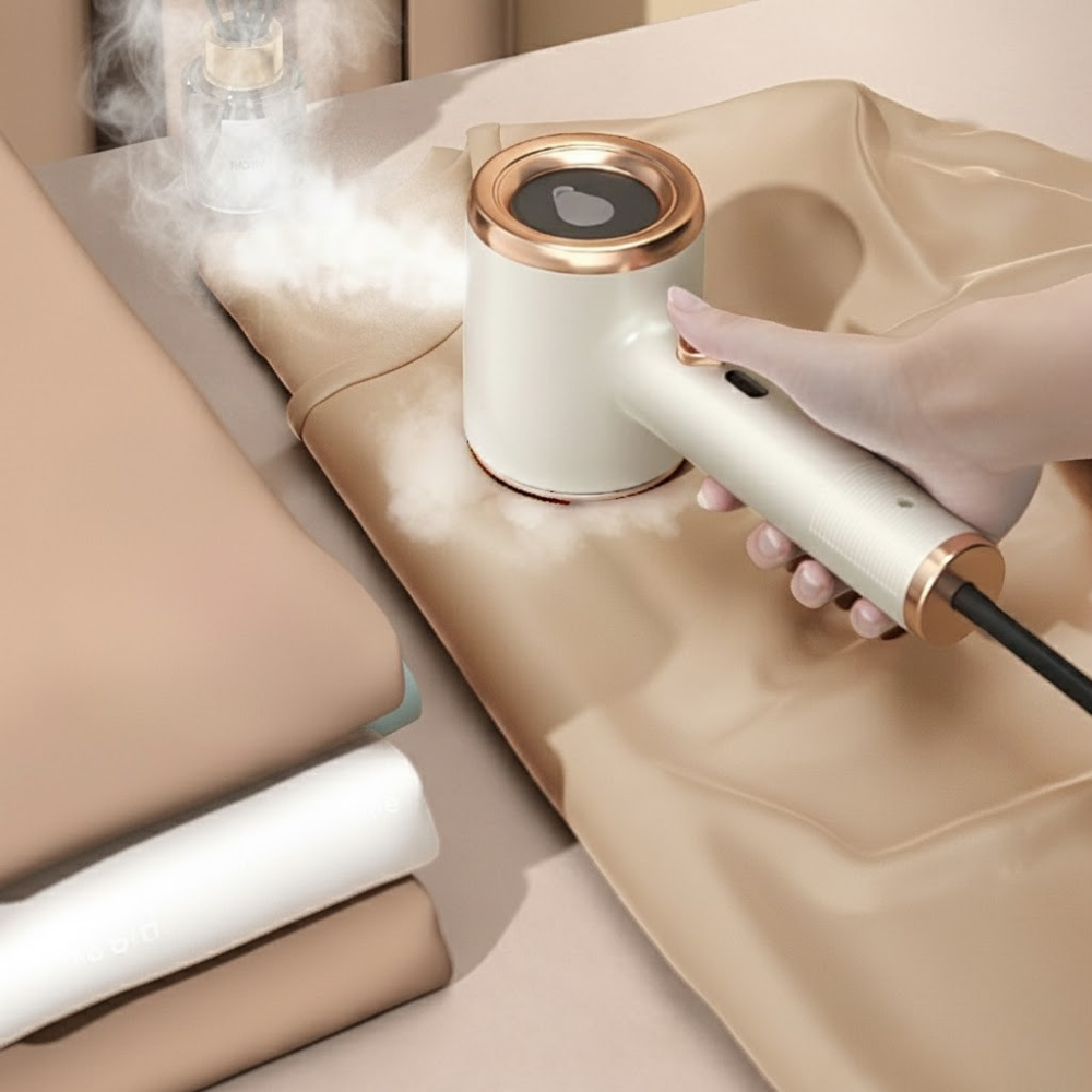 Mini plancha de vapor portátil con panel de titanio y depósito visible de 50 ml para uso en viajes.