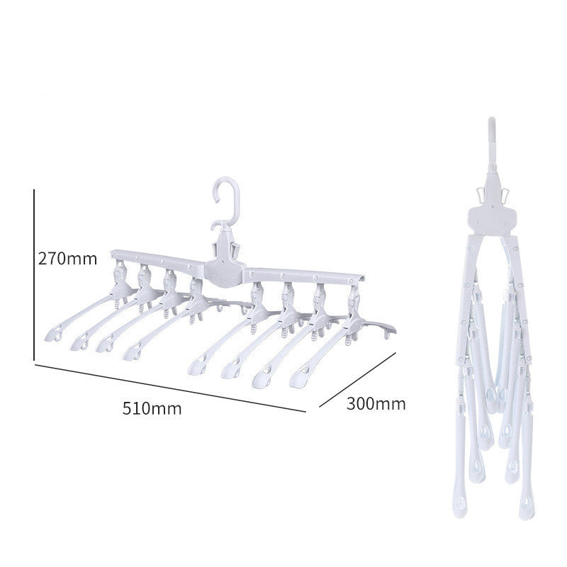 Perchero plegable de metal con diseño retráctil y antideslizante, apto para organizar múltiples prendas y ahorrar espacio en armarios domésticos o comerciales.