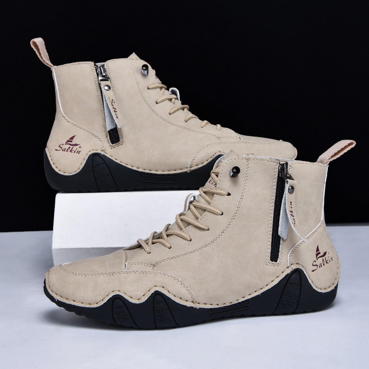 Botines altos de hombre en piel sintética — Estilo Martin artesanal con cremallera lateral