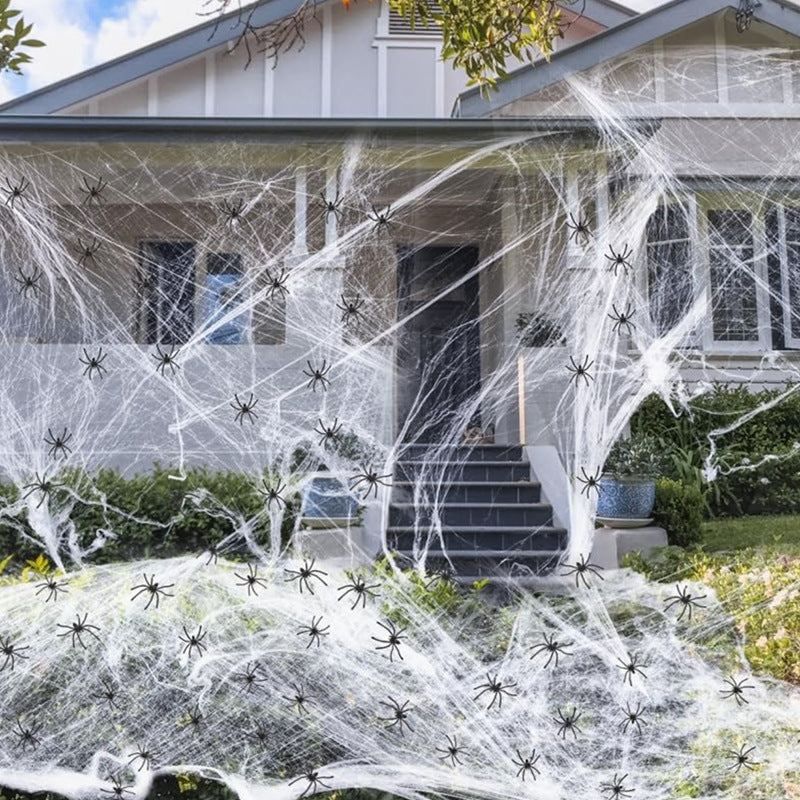Telaraña Blanca con Arañas – Decoración Extensible de Halloween Realista