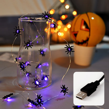Guirnalda LED con Arañas Púrpuras – Luces Decorativas de Halloween USB o Pilas