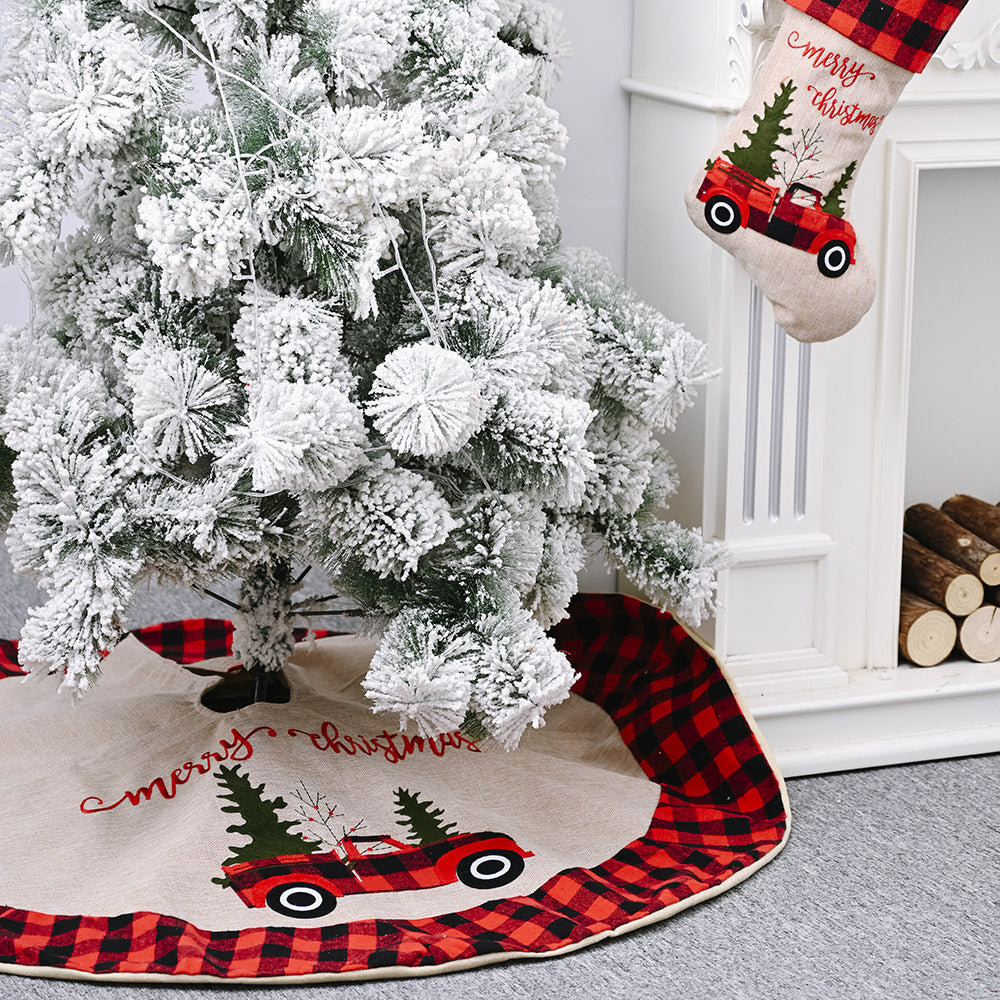 Falda para árbol de Navidad de lino imitado de 120 cm con diseño rústico de coche navideño para cubrir la base del árbol