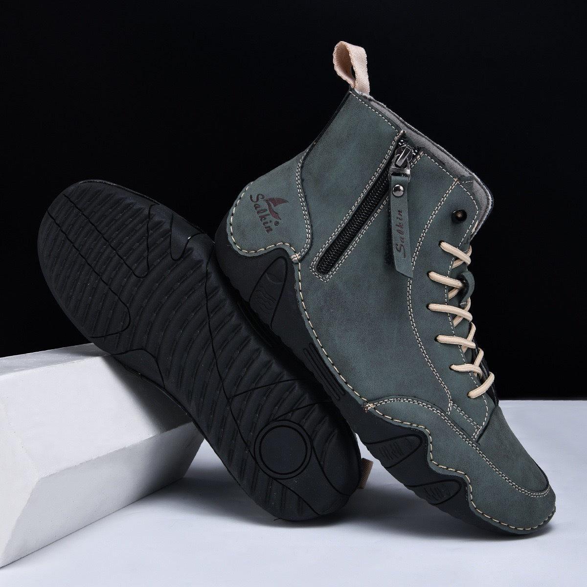 Botines altos de hombre en piel sintética — Estilo Martin artesanal con cremallera lateral