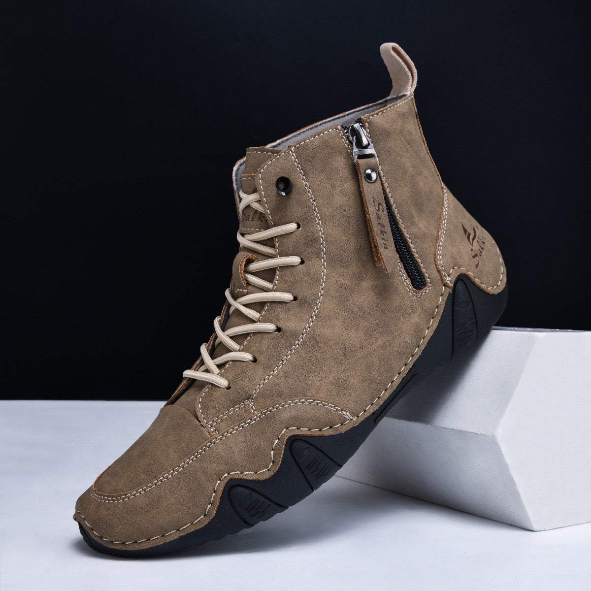Botines altos de hombre en piel sintética — Estilo Martin artesanal con cremallera lateral