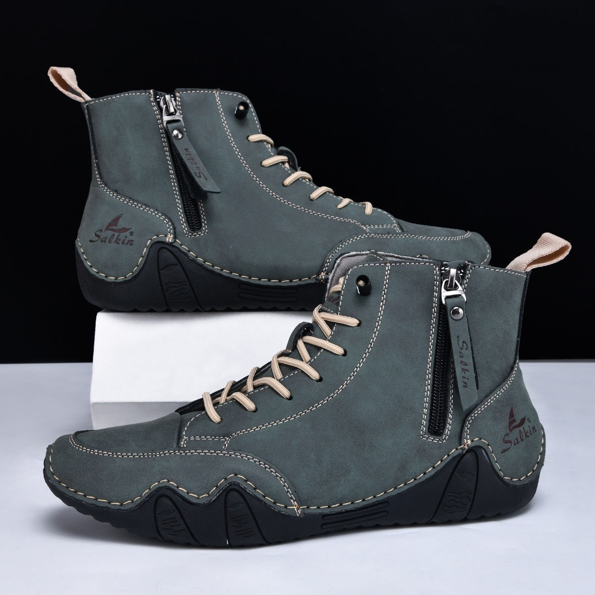 Botines altos de hombre en piel sintética — Estilo Martin artesanal con cremallera lateral