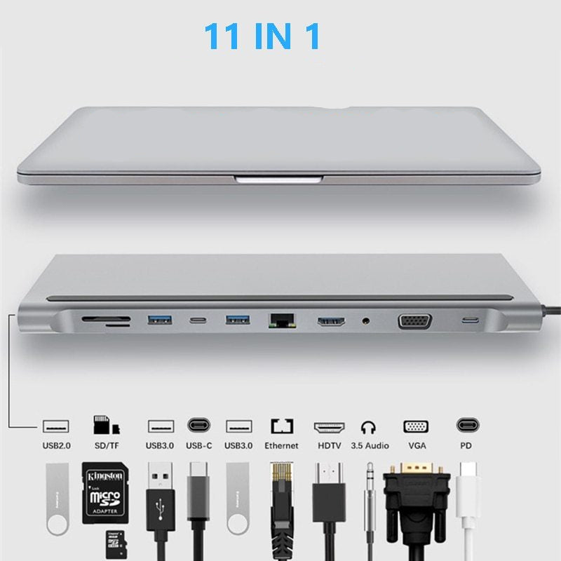 Hub Docking Station USB-C 11 en 1 – Expansión Multifuncional para Portátiles y MacBook