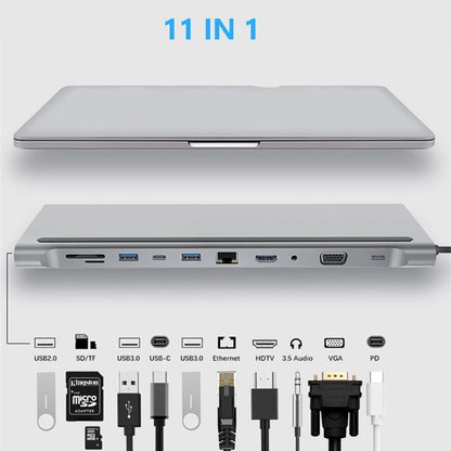 Hub Docking Station USB-C 11 en 1 – Expansión Multifuncional para Portátiles y MacBook