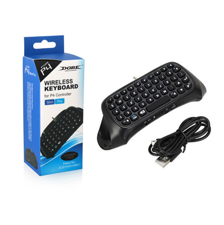 Teclado Bluetooth integrado para mando PS4, diseño compacto en ABS con teclas dedicadas, batería de litio 200 mAh y conexión inalámbrica estable para mensajería y navegación.