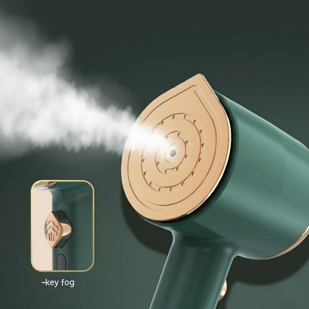 Mini plancha de vapor portátil con panel de titanio y depósito visible de 50 ml para uso en viajes.