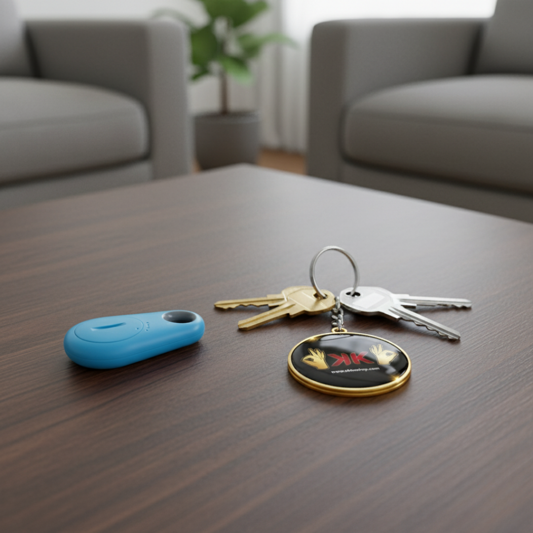 Localizador inteligente Bluetooth antipérdida en plástico ABS, compacto y ligero, color negro, visto en primer plano.