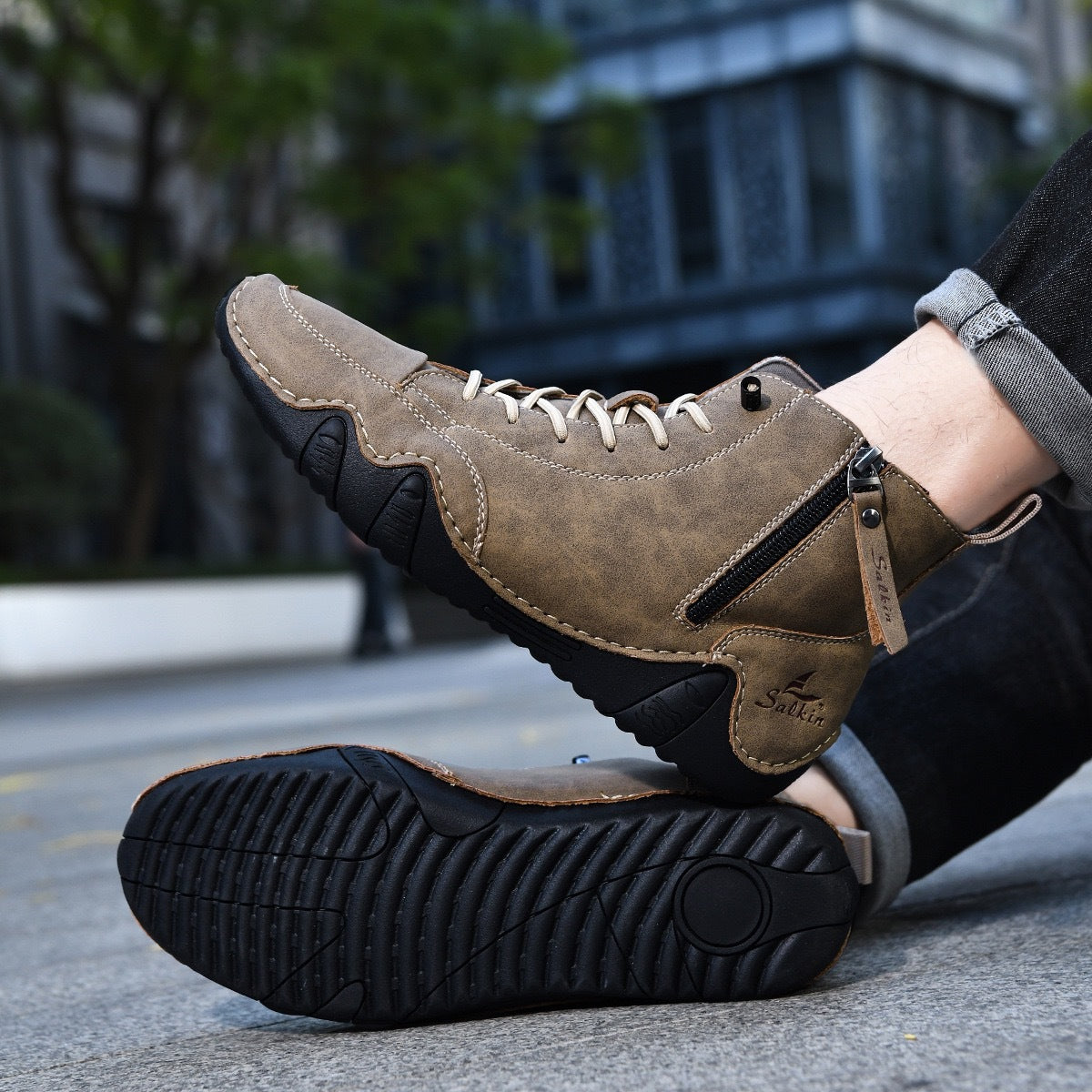 Botines altos de hombre en piel sintética — Estilo Martin artesanal con cremallera lateral