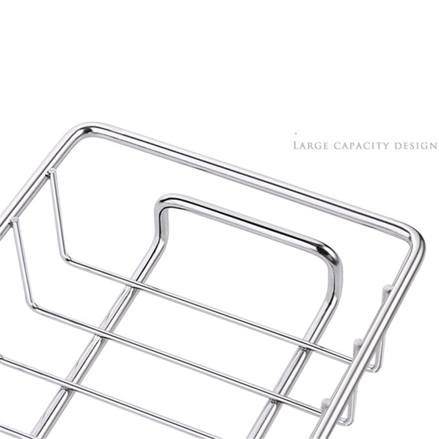 Organizador ajustable de fregadero en acero inoxidable y ABS para utensilios, esponjas y jabones.
