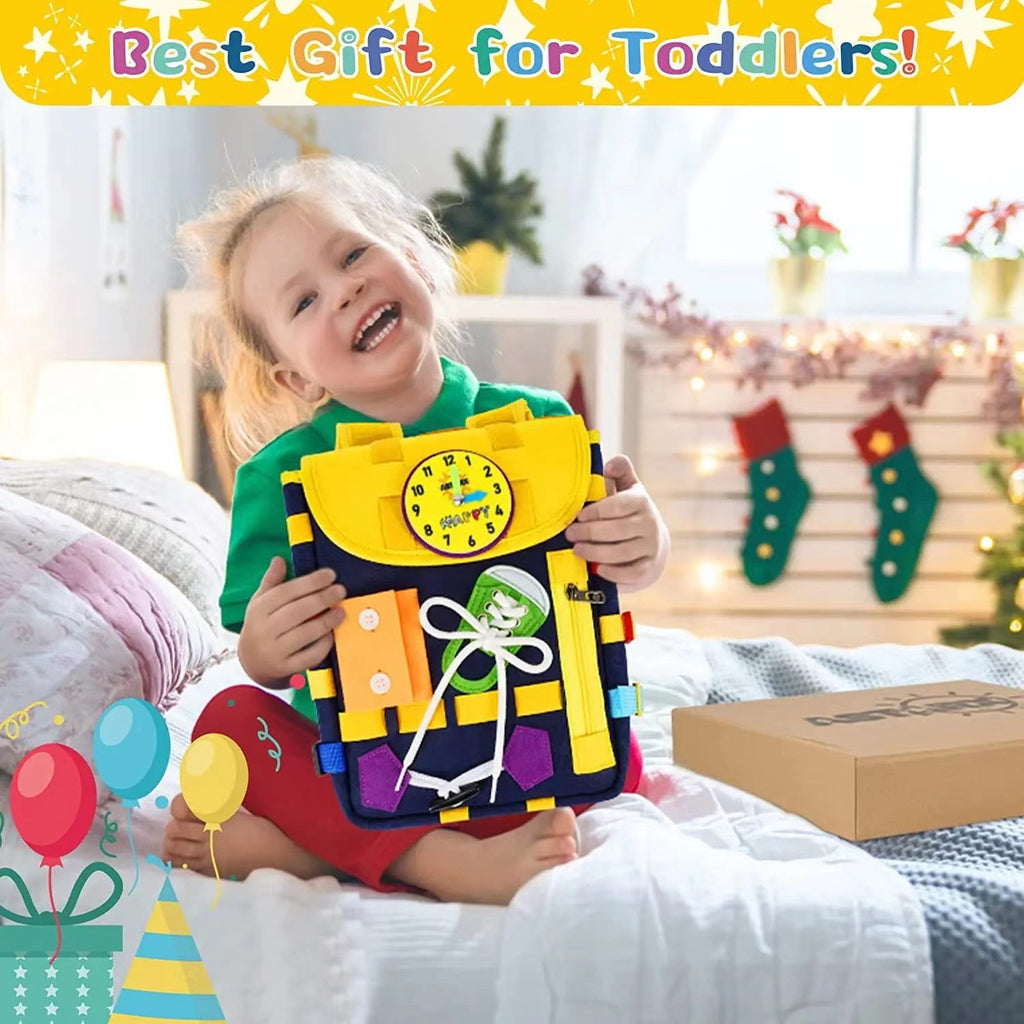 Mochila Busy Board Montessori para Niños – Juguete Educativo con Hebillas y Cremalleras