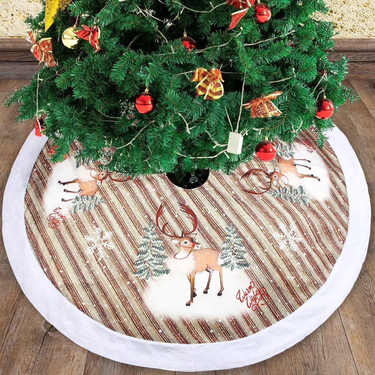 Falda decorativa de tela para árbol de Navidad de 98 cm con diseño festivo de Papá Noel, renos y campanas