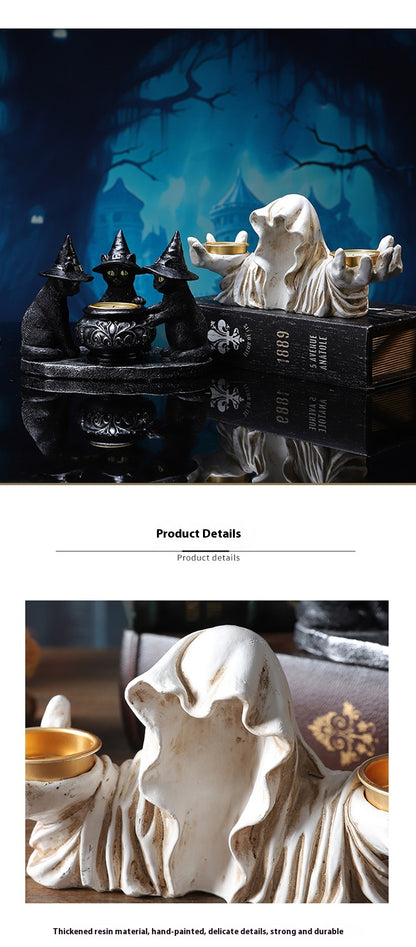 Candelabro Decorativo Gato Mágico – Adorno de Mesa en Resina para Halloween