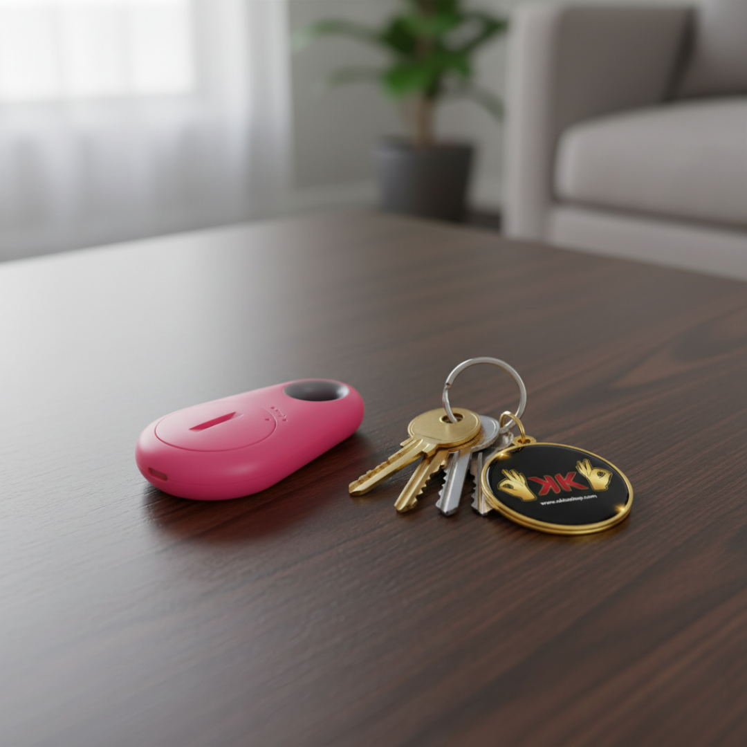 Localizador inteligente Bluetooth antipérdida en plástico ABS, compacto y ligero, color negro, visto en primer plano.