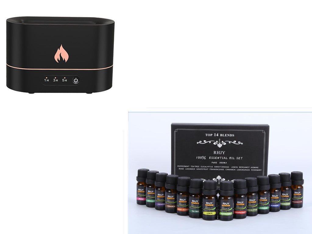 Difusor aromático con efecto llama y humidificación ultrasónica con luz ambiental LED.