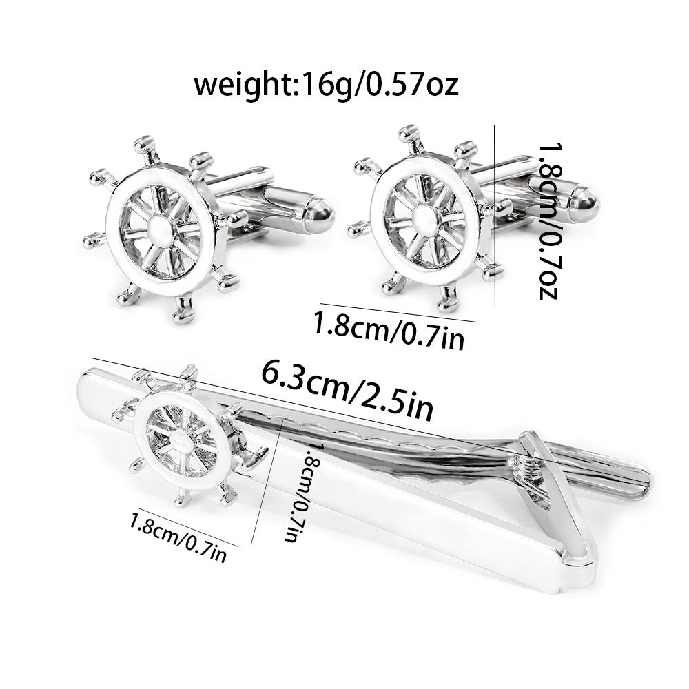 Set de gemelos y clip de corbata – Diseño timón náutico moderno y elegante