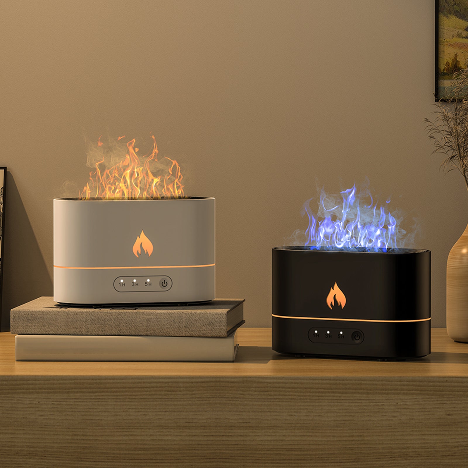 Difusor aromático con efecto llama y humidificación ultrasónica con luz ambiental LED.