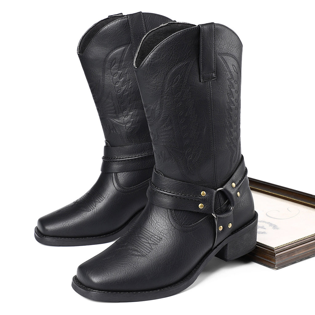 Botas de cuero para hombre – Tacón alto retro con punta cuadrada