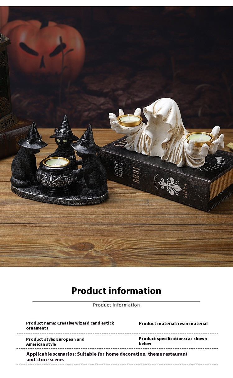 Candelabro Decorativo Gato Mágico – Adorno de Mesa en Resina para Halloween