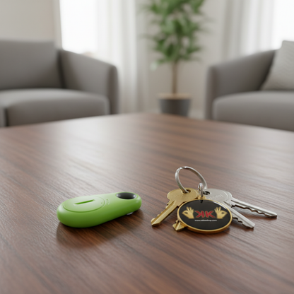 Localizador inteligente Bluetooth antipérdida en plástico ABS, compacto y ligero, color negro, visto en primer plano.