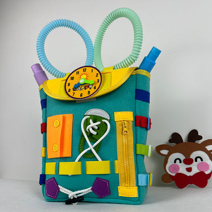 Mochila Busy Board Montessori para Niños – Juguete Educativo con Hebillas y Cremalleras