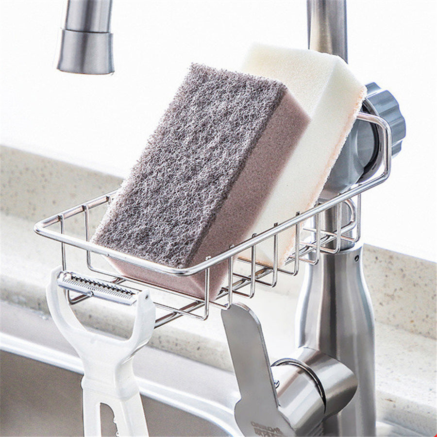 Organizador ajustable de fregadero en acero inoxidable y ABS para utensilios, esponjas y jabones.