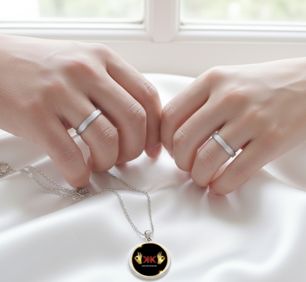 Anillos de pareja unisex en plata 925 con acabado mate esmerilado y pulido triple espejo, diseño minimalista con capa de platino y presentación en estuche de joyería.