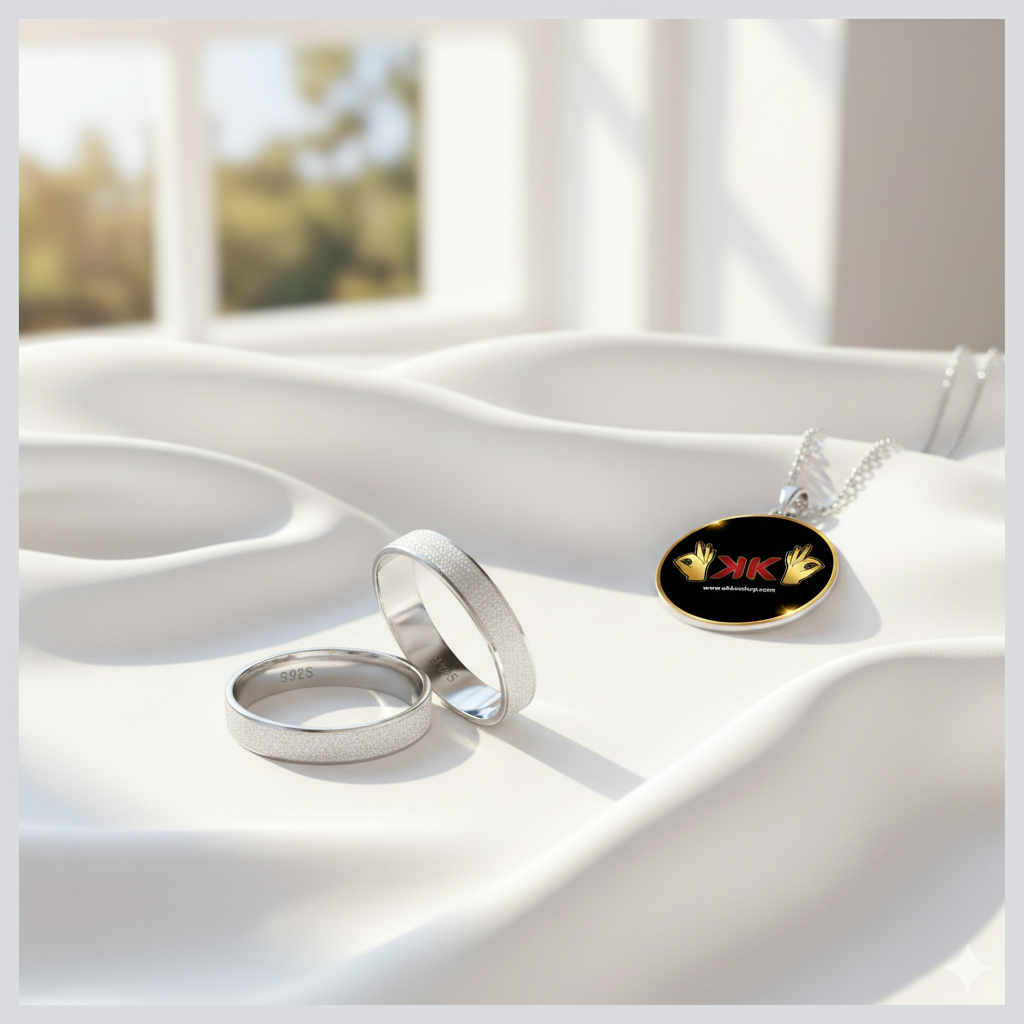 Anillos de pareja unisex en plata 925 con acabado mate esmerilado y pulido triple espejo, diseño minimalista con capa de platino y presentación en estuche de joyería.