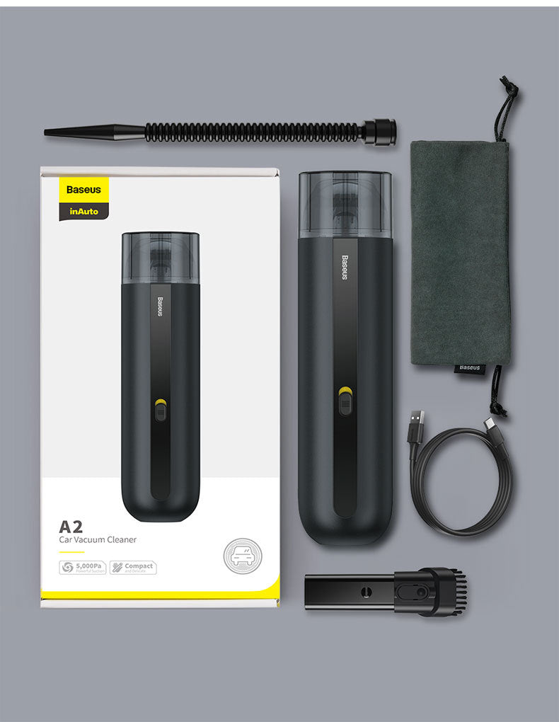 Aspiradora portátil inalámbrica Baseus 5000Pa en color negro con accesorios incluidos, diseñada para limpieza de coches, hogar y oficina.